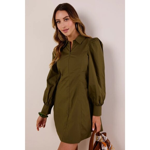 Avara Rhett Dress Mini Zip Up Balloon Sleeve Zip Up Cotton Poplin Olive Green L - Picture 2 of 13